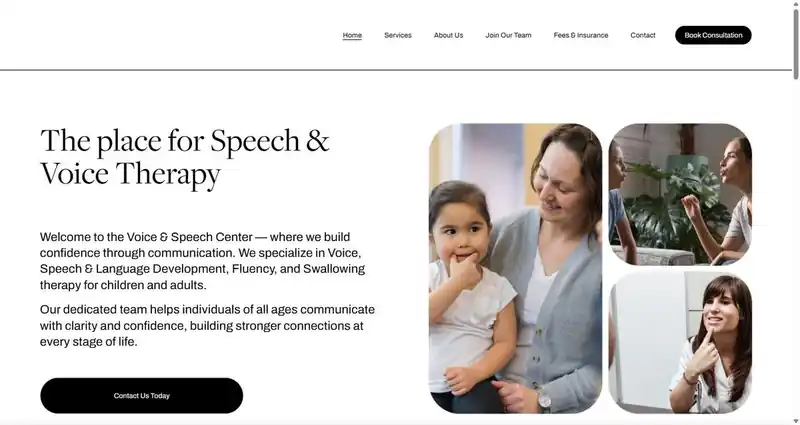 Voice & Speech Therapy Center homepage on desktop: headline 'The place for Speech & Voice Therapy', navigation, and a Book Consultation button